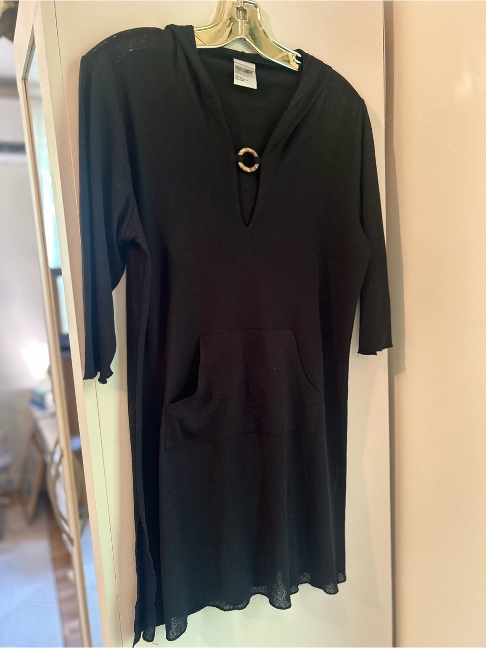 Black Women’s Swim Coverup Tunic with Hood and Ring Detail